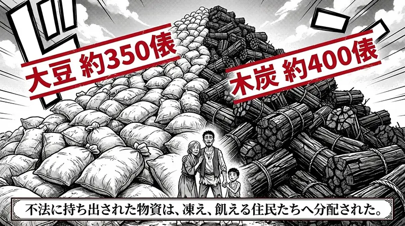 1946年板橋事件｜不法に持ち出された大豆約350俵・木炭約400俵が飢える住民へ分配された場面の図解