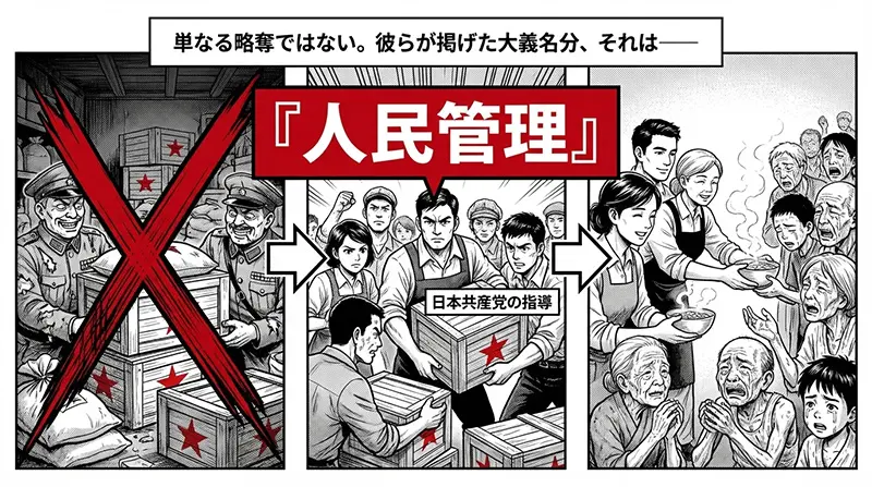 1946年板橋事件｜軍需物資の横流しを阻止し人民管理による再分配を目指した3コマ図解