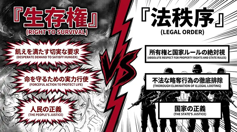 1946年板橋事件｜生存権（人民の正義）と法秩序（国家の正義）を対比した図解