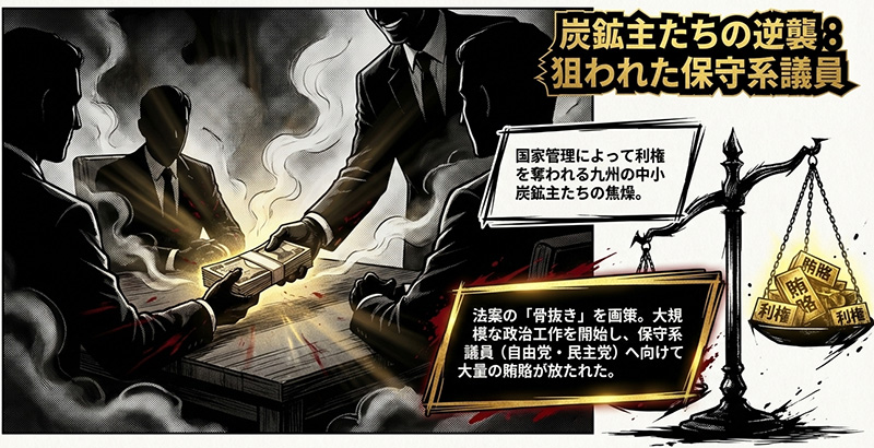 炭鉱国管疑獄｜炭鉱経営者による法案骨抜き工作の構造を描いたイラスト