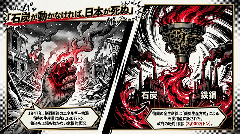 炭鉱国管疑獄｜石炭不足で危機に瀕した戦後日本と傾斜生産方式を描いたイラスト