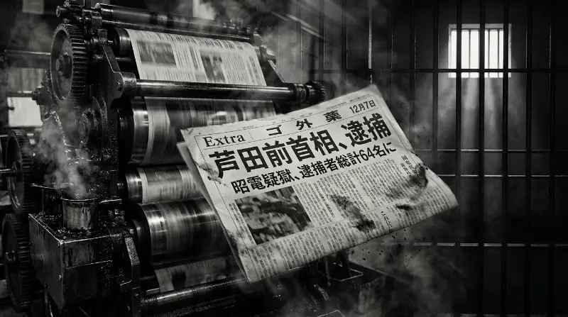 昭和電工事件前編のアイキャッチ画像。芦田前首相の逮捕を報じる号外新聞風ビジュアル