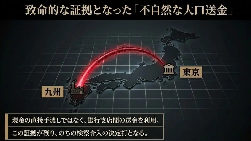 炭鉱国管疑獄｜九州から東京への不自然な大口送金ルートを示した図