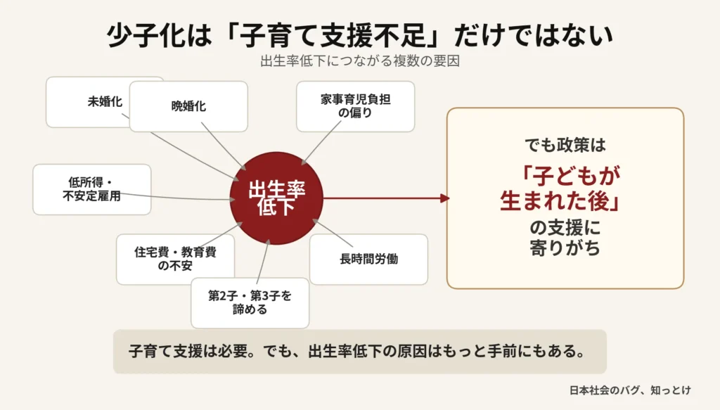 少子化の原因が子育て支援不足だけではなく未婚化や低所得など複数あることを示す図