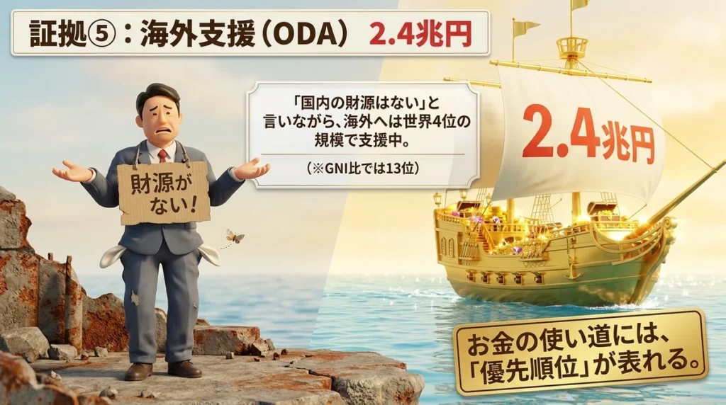 日本のODA約2.4兆円と国内政策の優先順位を考えるイメージ