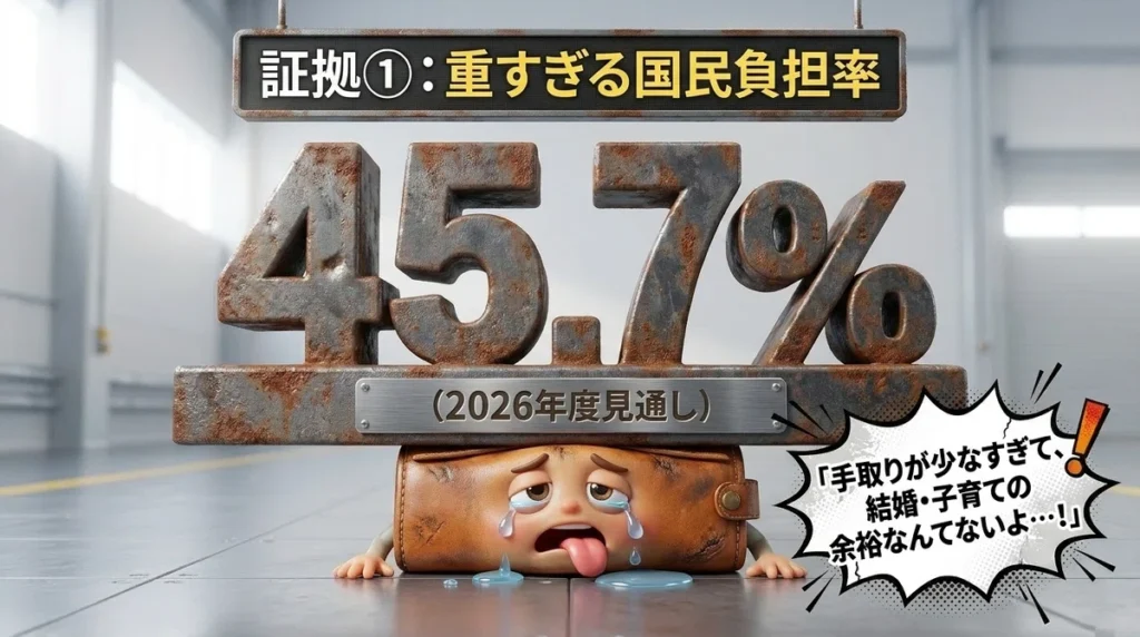 国民負担率45.7％が家計や子育てに与える影響を示したイメージ