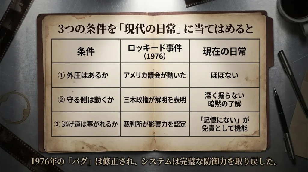 ロッキード事件の3つの条件を現代と比較した図解