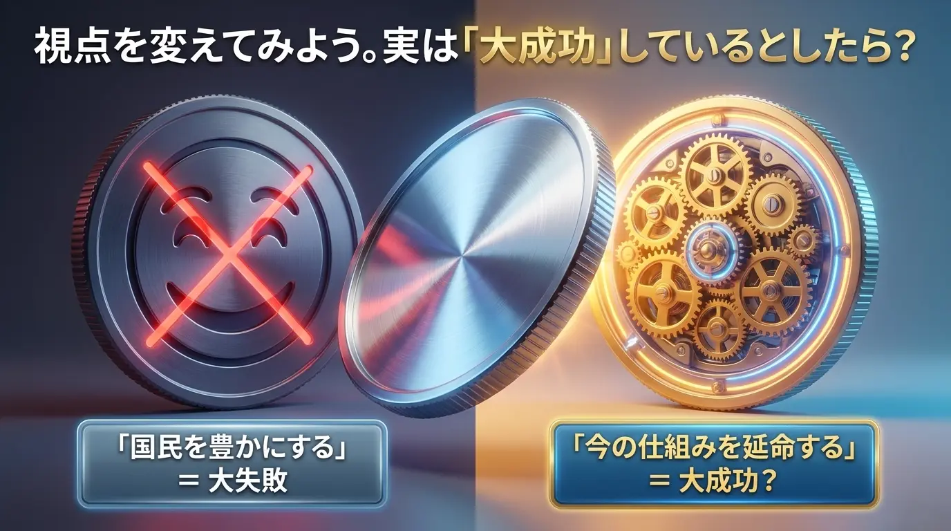 視点を変えてみると日本の政策は大成功しているかもしれないという問いを表現した画像