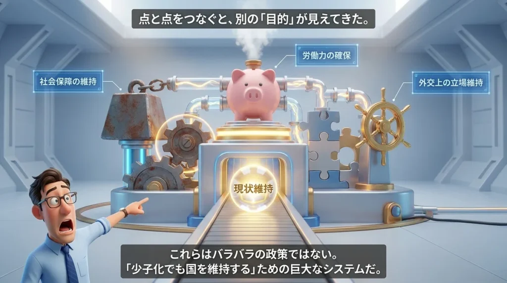 少子化対策と政策全体の構造が繋がる様子を示したイメージ