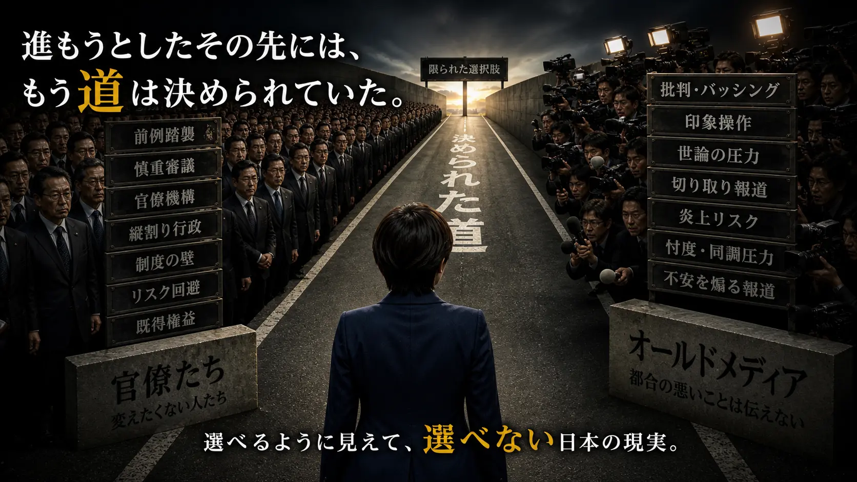 選挙で選ばれた政治家が官僚機構とオールドメディアに挟まれ、進む道を制約されている様子を表した図解画像