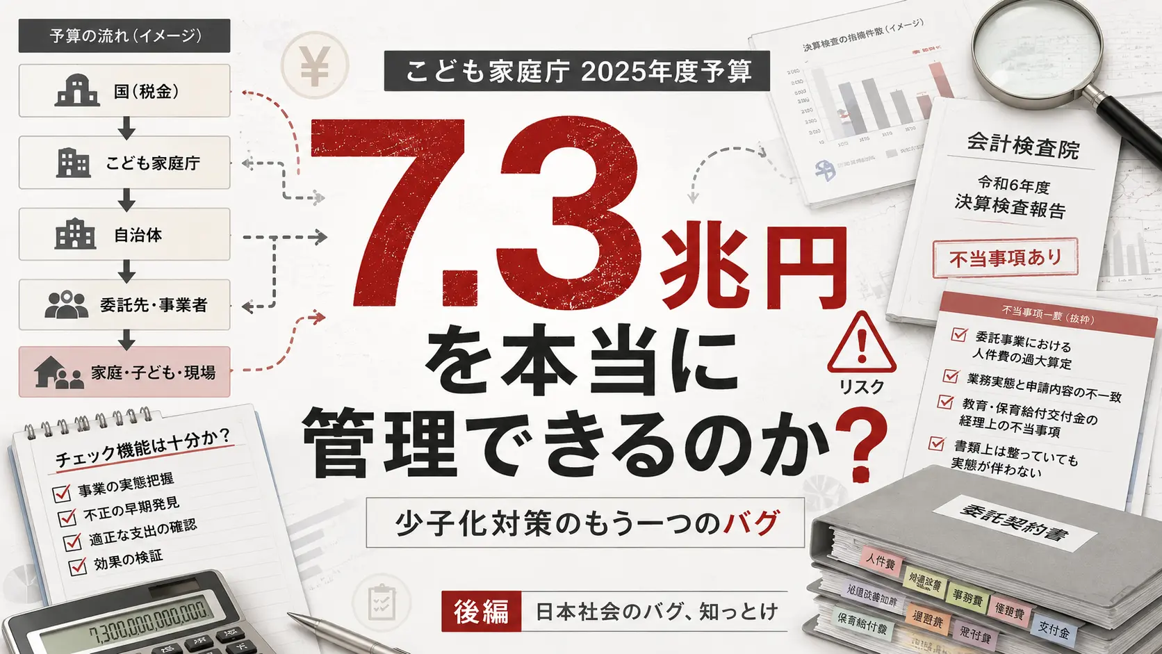 こども家庭庁の2025年度予算7.3兆円を本当に管理できるのかを示した少子化対策後編のアイキャッチ画像