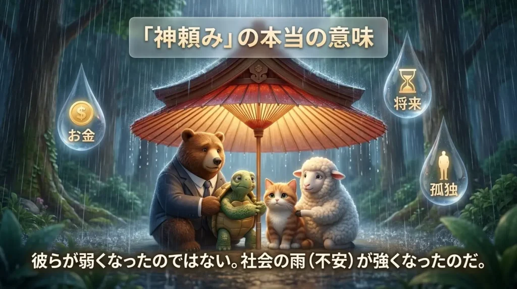 雨の中で傘に集まる動物キャラクターたち。お金・将来・孤独という不安を表す図解。「彼らが弱くなったのではない。社会の雨（不安）が強くなったのだ」というメッセージ。