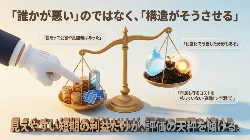誰かが悪いのではなく構造がそうさせる。見えやすい短期の利益だけが評価の天秤を傾けるという構造問題を示した図解。