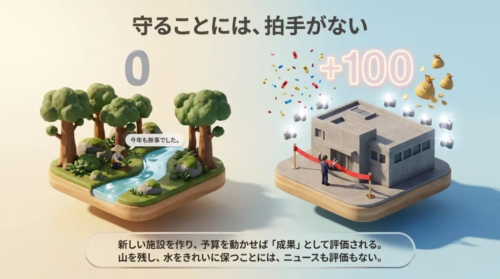 守ることには拍手がなく評価もされない一方、新しい施設を作り予算を動かすことは成果として評価される構造を示した対比図。