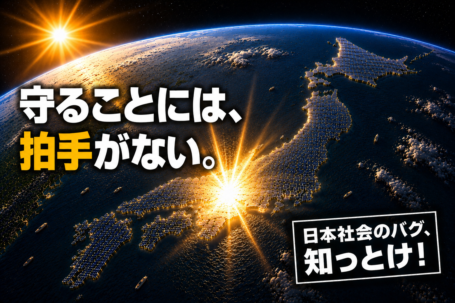 守ることには拍手がない。宇宙から見た日本列島がソーラーパネルで覆われたAI生成画像。日本社会のバグ知っとけシリーズ。
