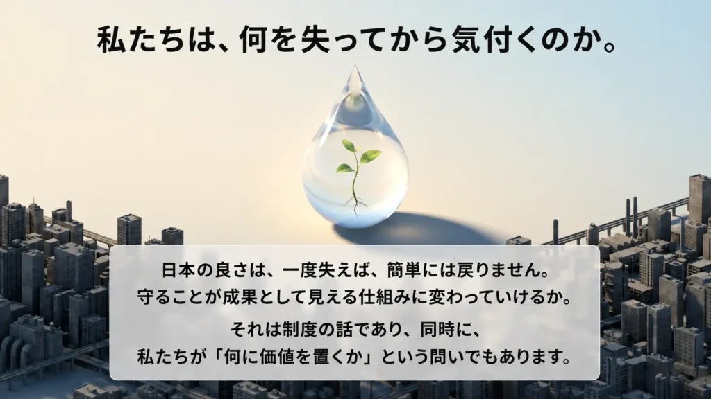 私たちは何を失ってから気付くのか。
　　コンクリートの都市の上に浮かぶ水滴の中で
　　芽が育つ画像。日本の良さは一度失えば
　　簡単には戻らないことを示すイメージ。