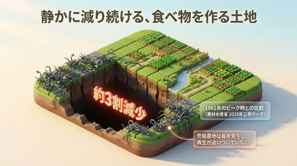 静かに減り続ける日本の農地。1961年のピーク時から約3割減少し、荒廃農地の再生が追いついていない現状を示す図解。