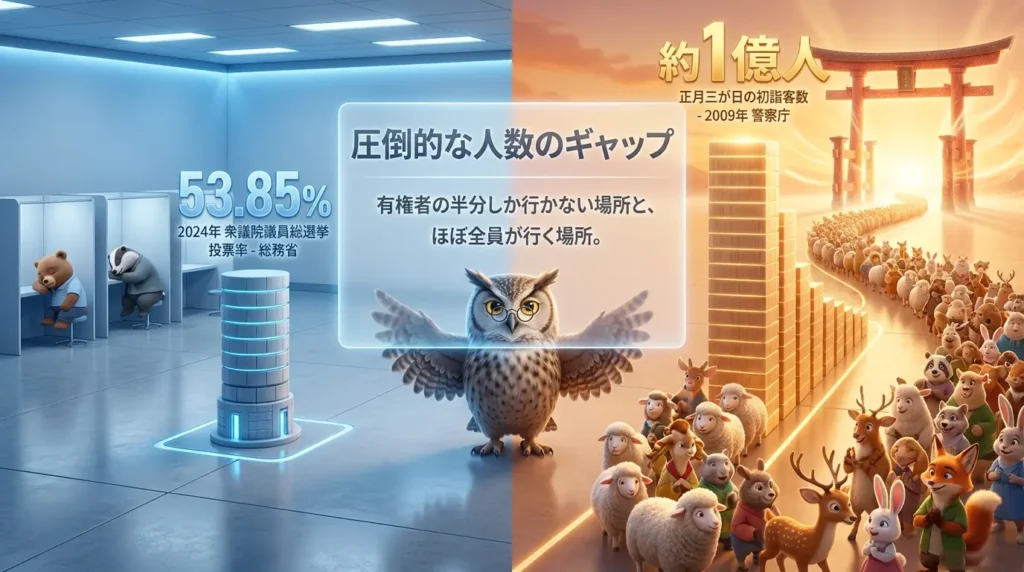 投票率53.85%の投票所と約1億人が訪れる初詣の対比を示した図解画像。有権者の半分しか行かない場所と、ほぼ全員が行く場所。