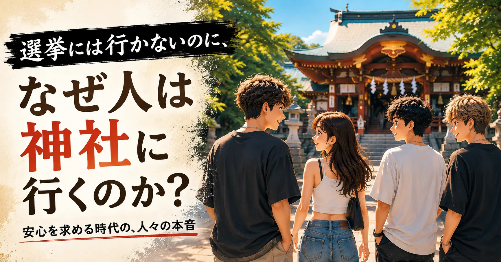 神社の境内に向かって歩く若者たち。投票率が伸び悩む時代に、なぜ人は神社に向かうのかを考える記事のサムネイル画像。