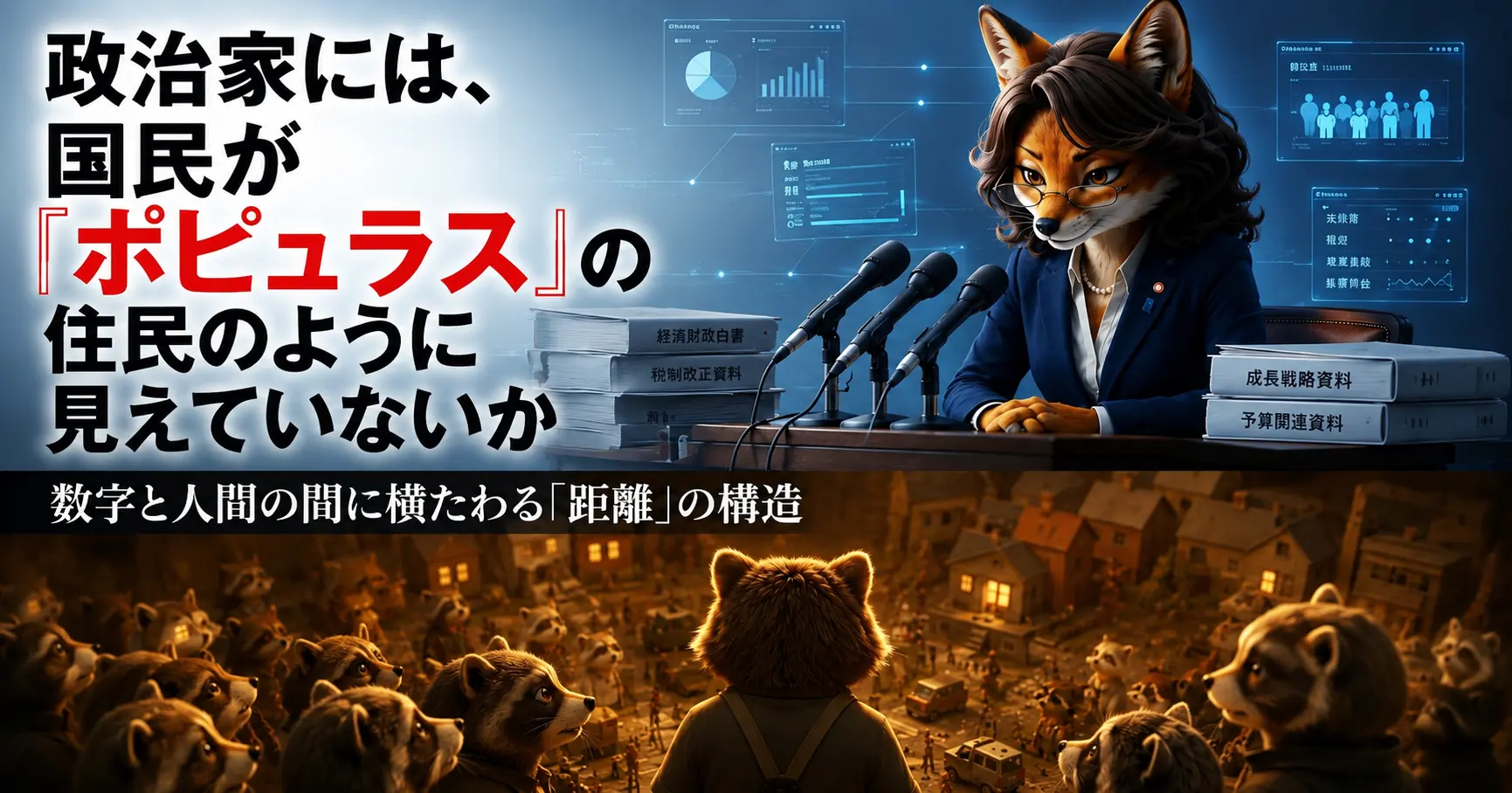 政治家には、国民が『ポピュラス』の住民のように見えていないか―数字と人間の間に横たわる「距離」の構造を表すイラスト