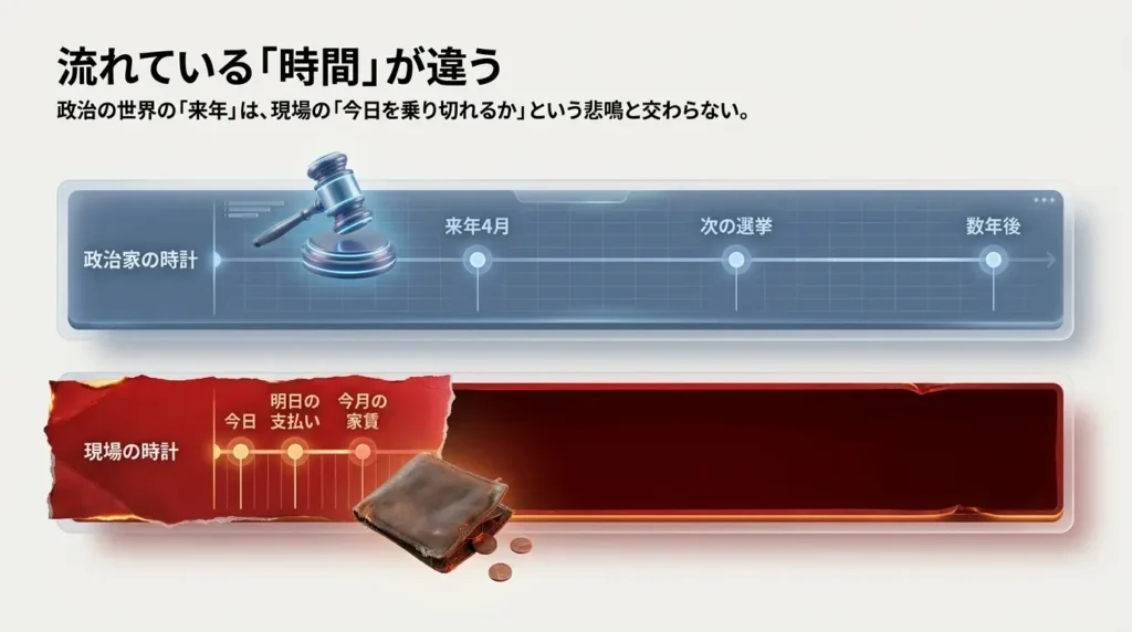 政治の世界の「来年」と、現場の「今月」で流れる時間の速さが違うことを表す時計と天秤のイラスト