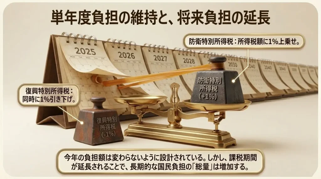 防衛特別所得税と復興特別所得税の調整による将来負担の延長を示す図