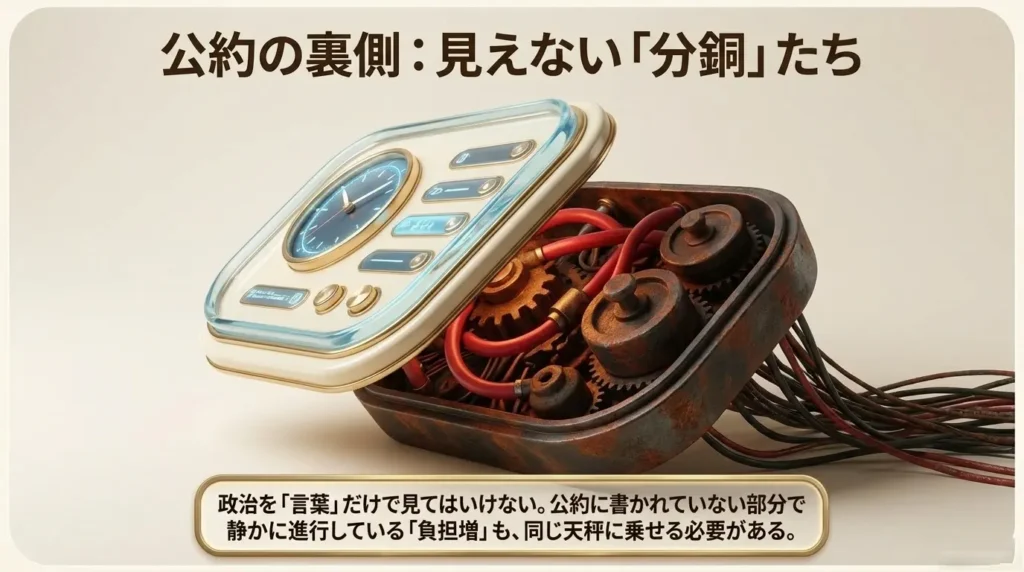 公約の裏側で進む見えにくい負担増を分銅で表した図