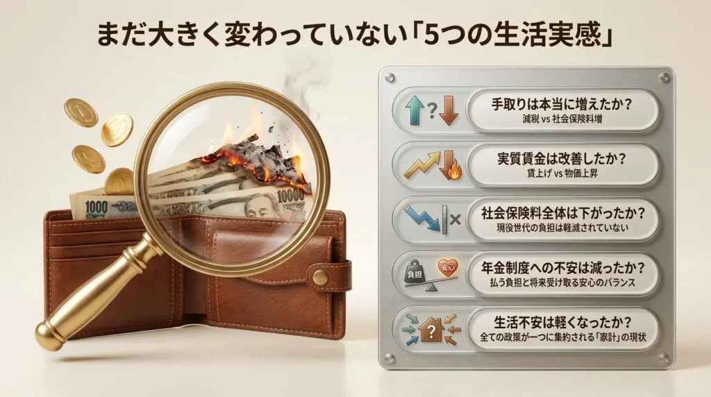 手取り、実質賃金、社会保険料、年金不安、生活不安の5つの生活実感を示す図