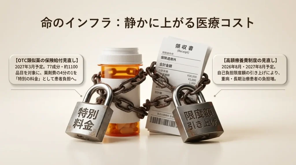 高額療養費制度の見直しとOTC類似薬の特別料金による医療費負担を示す図