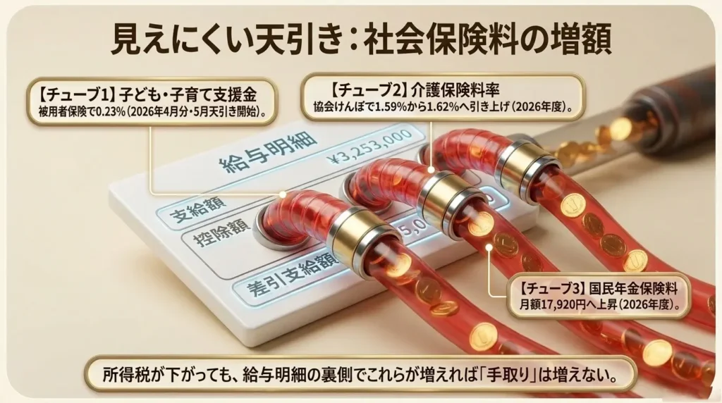 子ども子育て支援金、介護保険料、国民年金保険料による見えにくい天引きを示す図