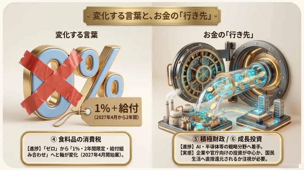 食料品消費税ゼロから1パーセント案への変化と成長投資へのお金の流れを示す図