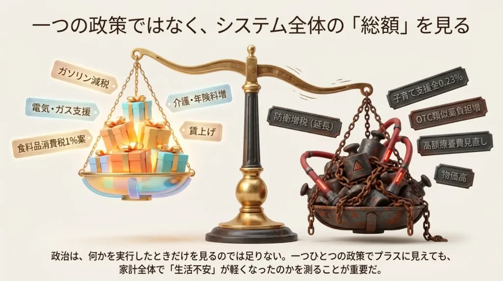 減税や支援と負担増を天秤にかけ、家計全体の総額を見る必要性を示す図