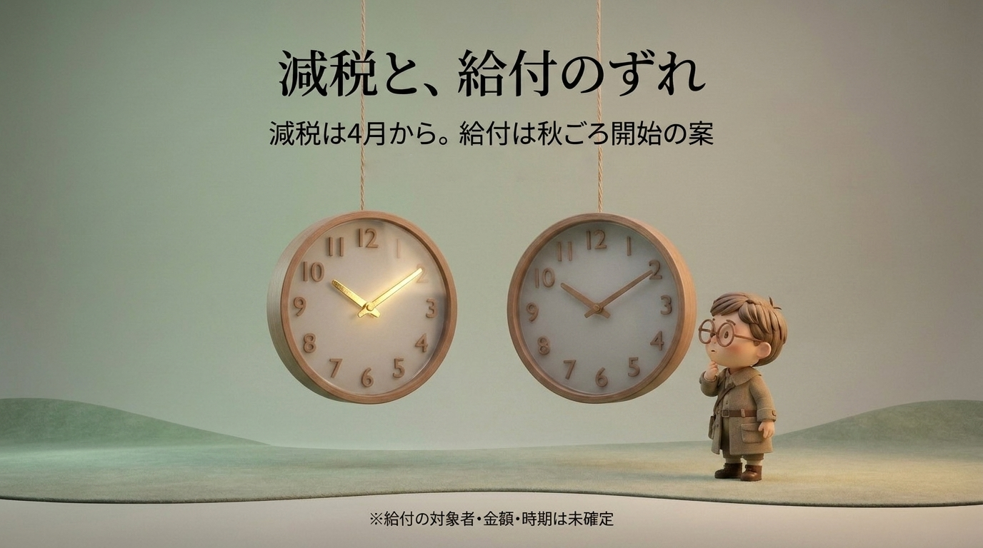 減税は2027年4月、給付は2027年秋ごろという案で、開始時期にはずれがあります。