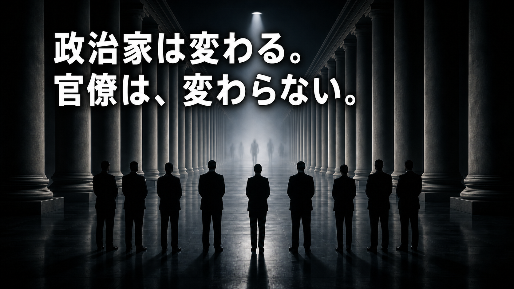 政治家は変わる、官僚は変わらないという継続性を表す、回廊に並ぶスーツ姿の人々のシルエット