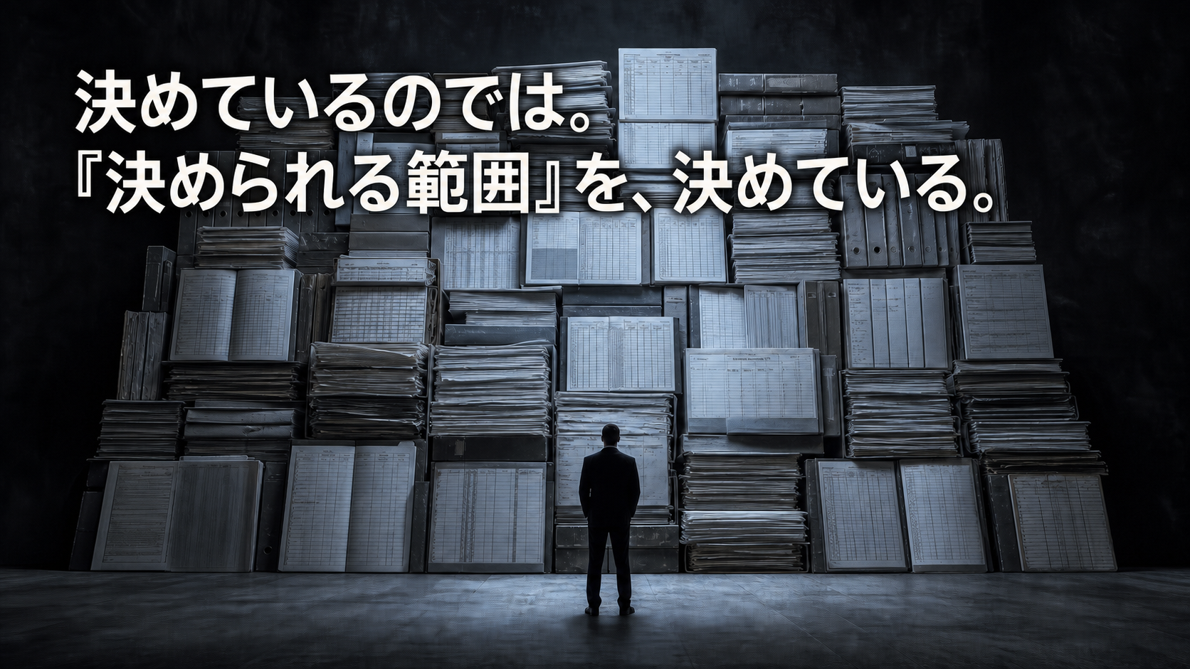 財務省が決められる範囲を決めているというテーマを表す、書類の山と向き合う人物のシルエット