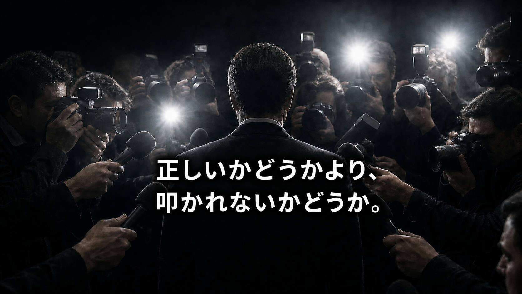 正しいかどうかより叩かれないかどうかというメディアの壁を表す、記者に囲まれる人物の後ろ姿