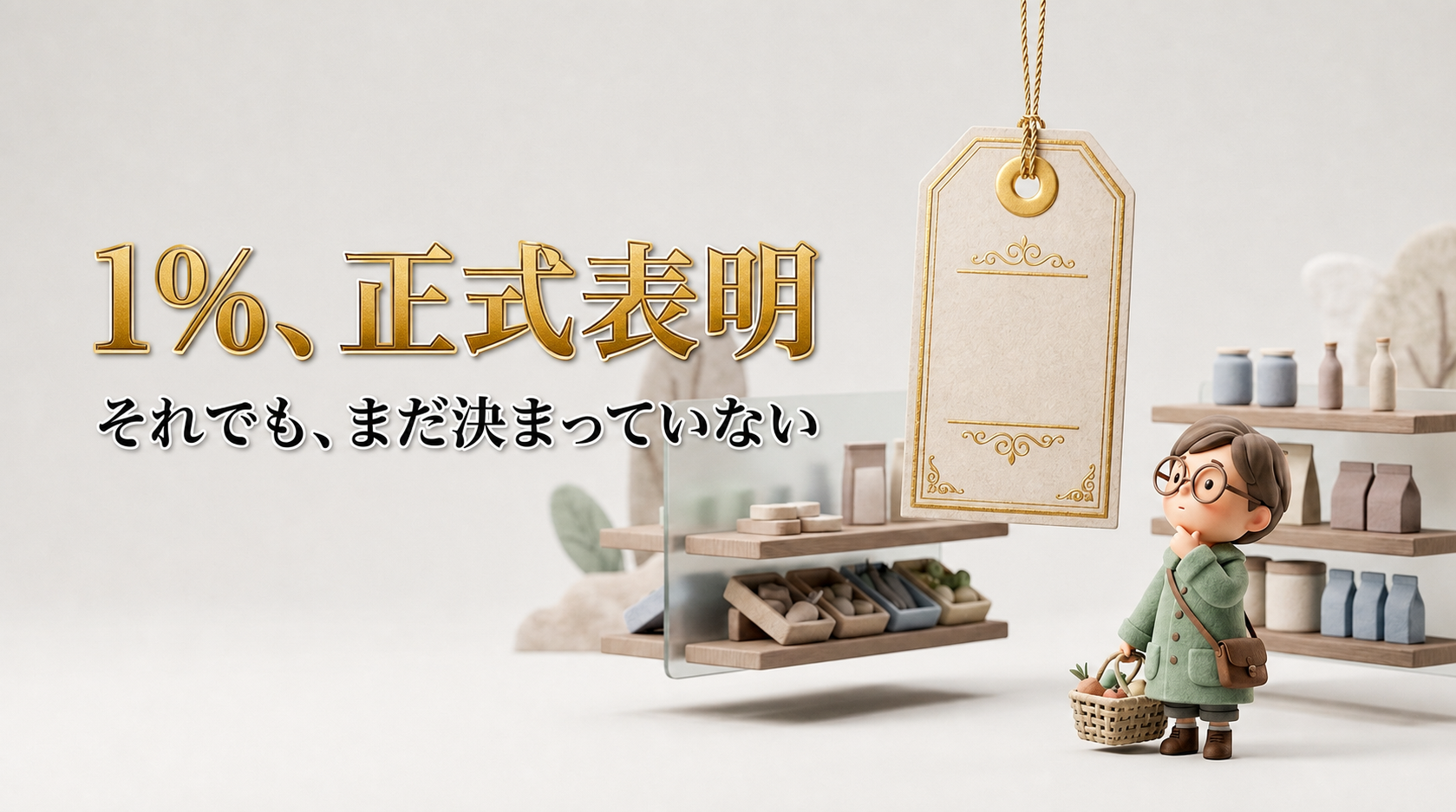 食料品消費税1%、正式表明。それでも、まだ決まっていない。値札を見上げる案内役の子どものイラスト