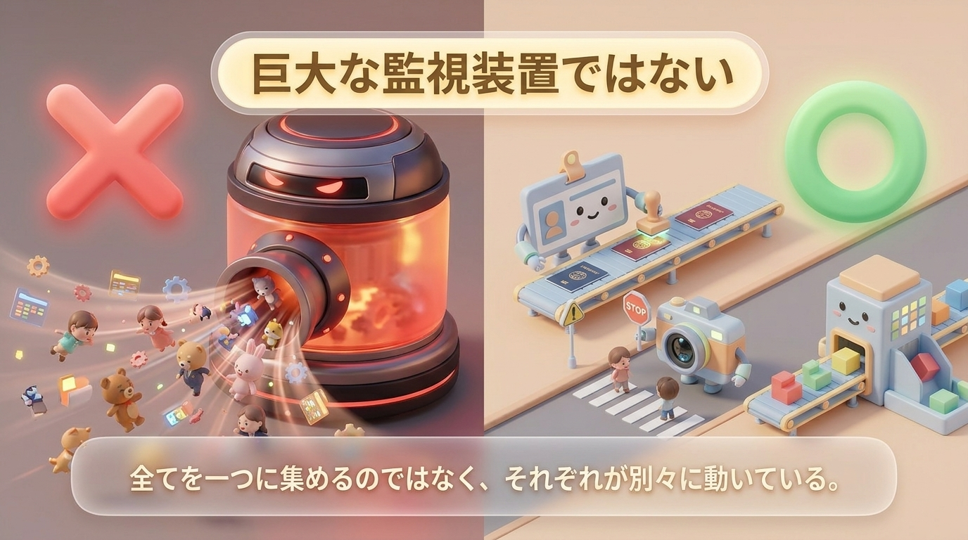 マイナンバー制度は巨大な監視装置ではなく分散管理であることを示す画像