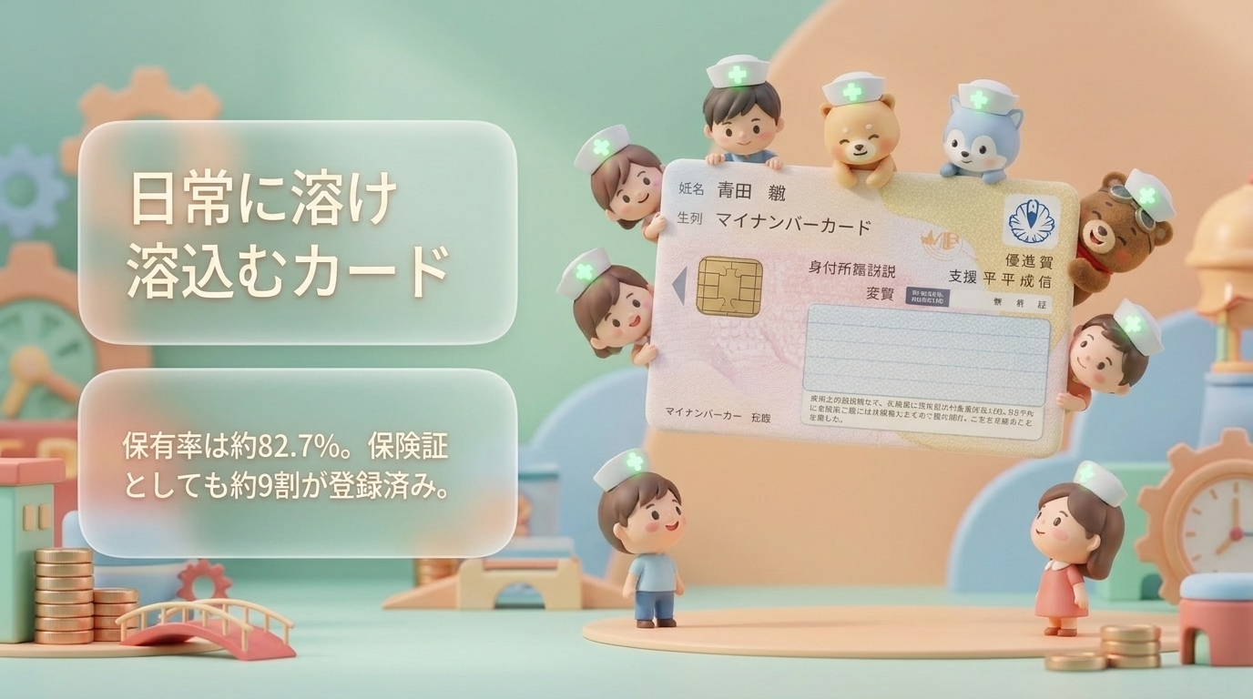 マイナンバーカードの保有率約82.7%・保険証登録9割を示す画像