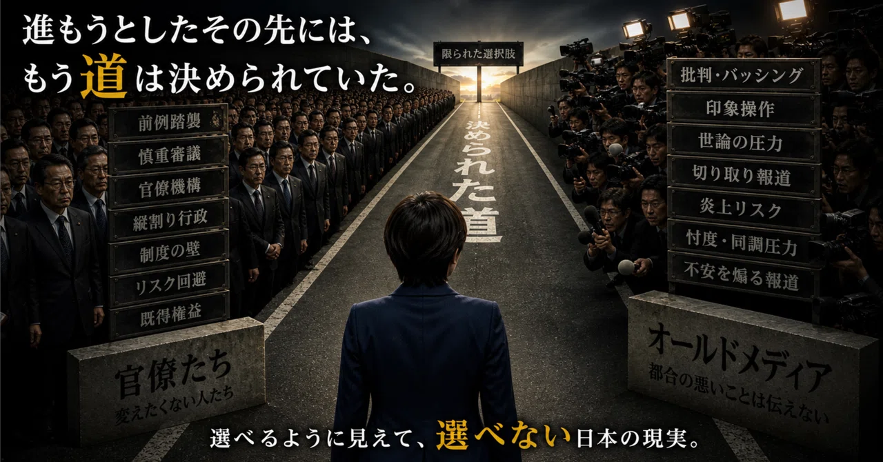 選べるように見えて選べない日本の現実を表す、官僚たちとオールドメディアに挟まれた道を進む後ろ姿の人物